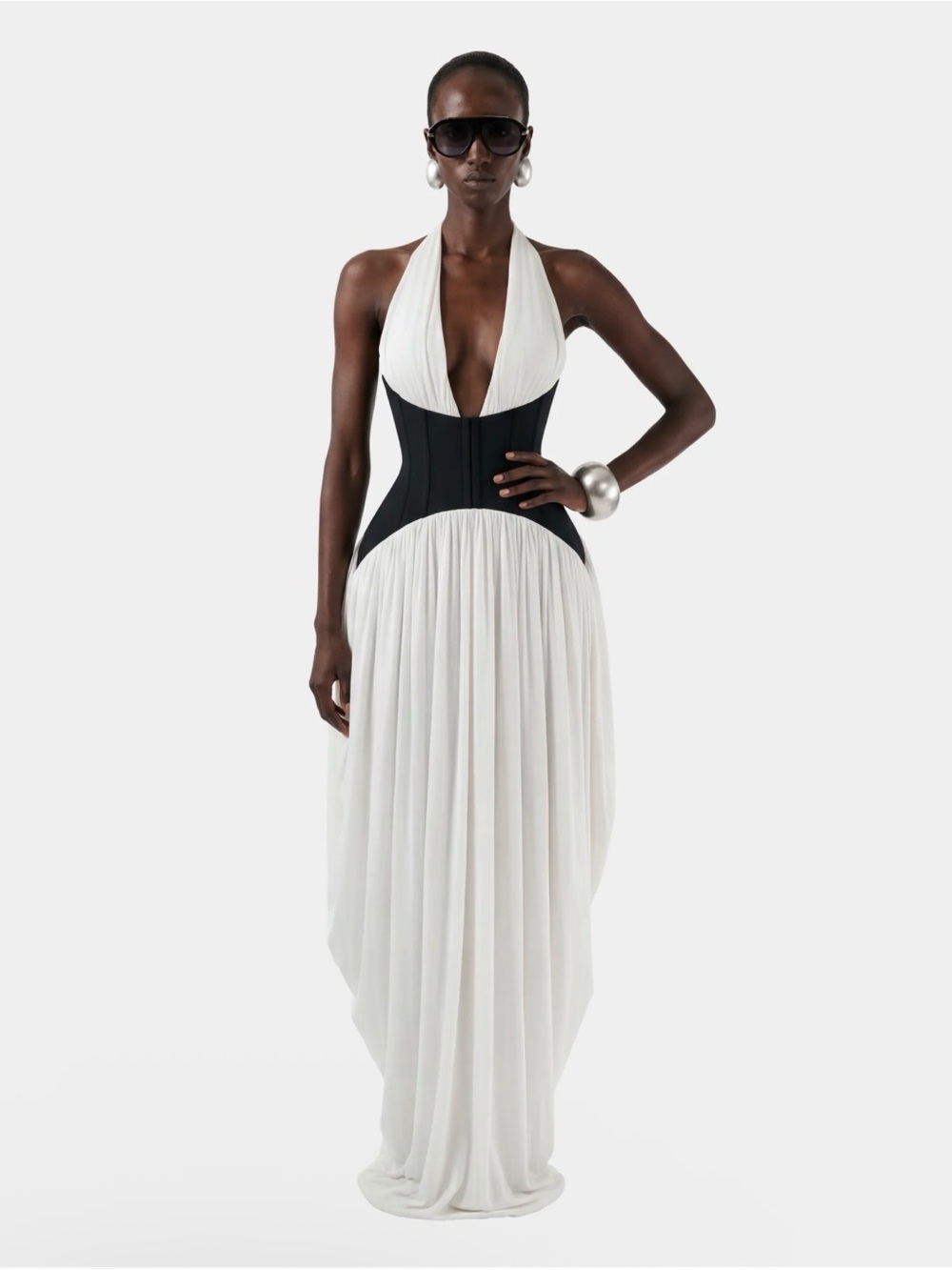 White Halter One-Shoulder Gown with Black Waist Corset